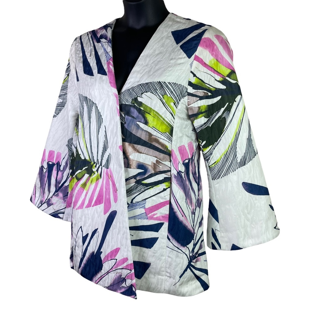 Josie Natori Abstract Print Brocade Kimono Jacket Bell Sleeve White Pink Size XL